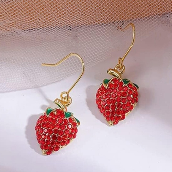 Red Rhinestone Strawberry Earrings Pave Strawberries Crystal Fruit Charms Gold - Picture 4 of 6